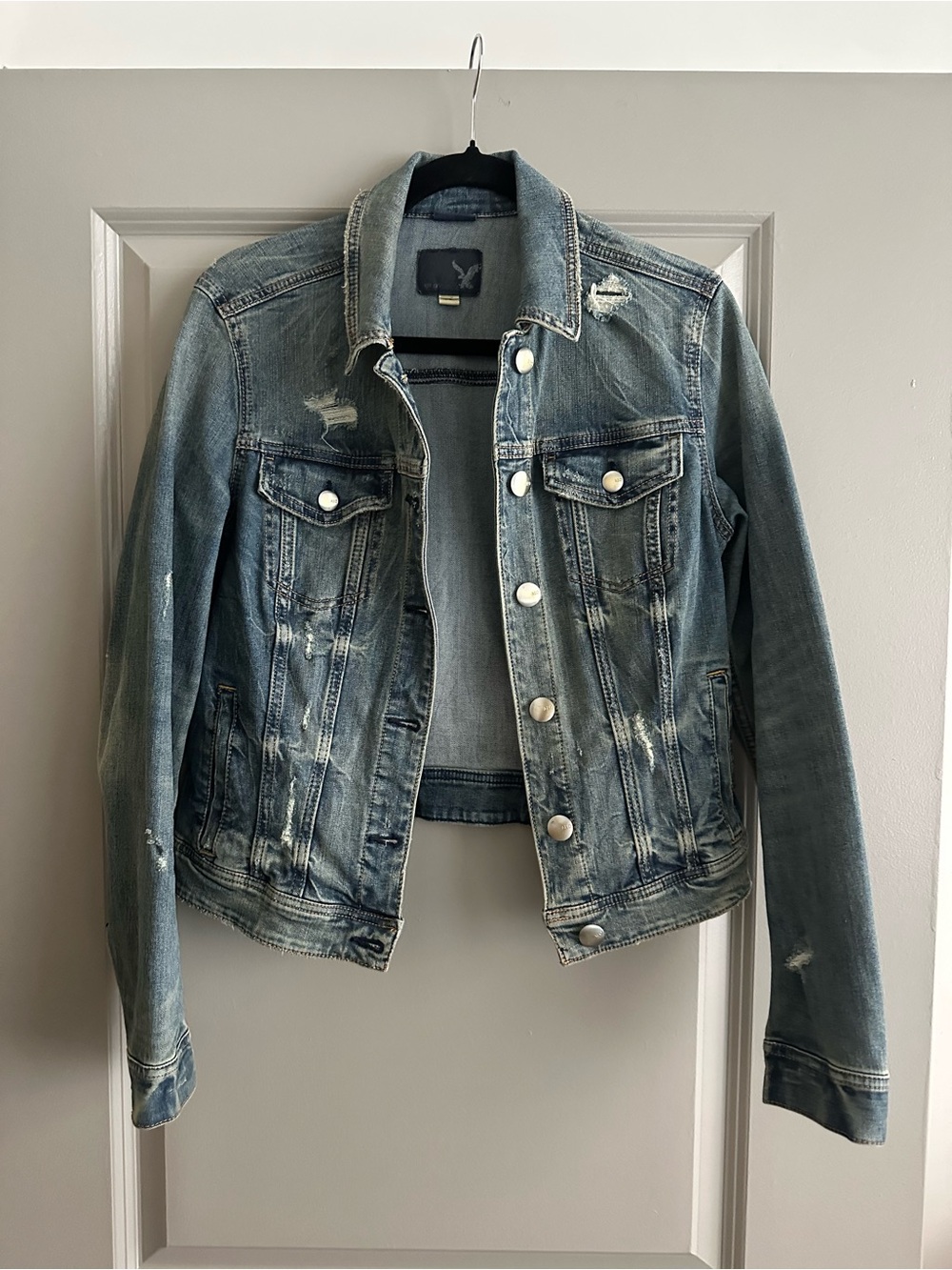 American Eagle Outfitters Light Blue Distressed Denim Jacket